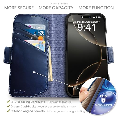 Dreem Wallet Case for iPhone 16 Pro Revolutionary VertHor Phone Stand Magnetic Detachable Vegan Leather Flip Cover RFID Blocking Card Holder MagSafeFit Gift Box Fibonacci Royal - Image 3