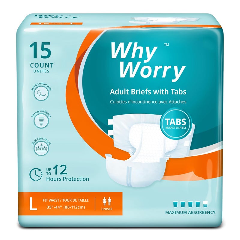 WhyWorry Adult Diapers with Tabs, Disposable Incontinence Briefs for Women & Men with Maximum Absorbency, Adult Briefs for Incontinence Overnight, Odor Control, Unisex, Large, 15 Count - Image 1