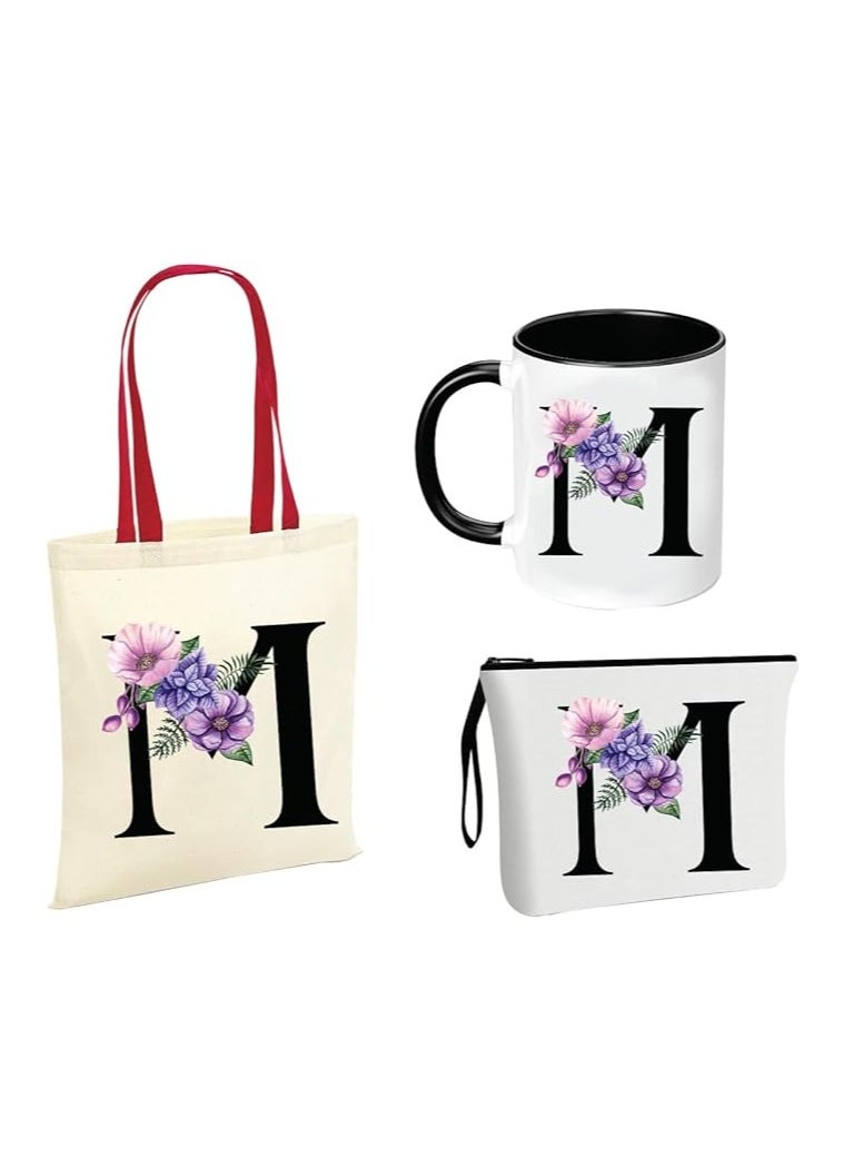 PRINTSHOP4ME Initial Letters Canvas Cotton Tote Bag With Red Handle and Cosmetic pouch for girls - Mug gifts - Pack of 3 Combo set -Giftset for wedding - Gifts for girls - Gift for friends  - Image 1