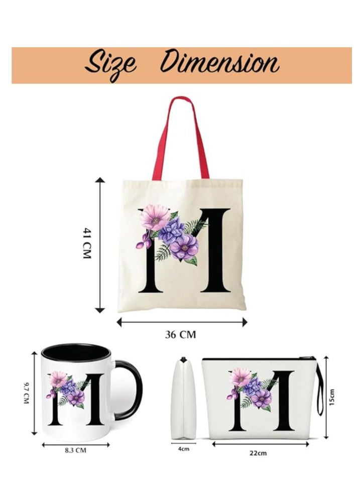 PRINTSHOP4ME Initial Letters Canvas Cotton Tote Bag With Red Handle and Cosmetic pouch for girls - Mug gifts - Pack of 3 Combo set -Giftset for wedding - Gifts for girls - Gift for friends  - Image 3
