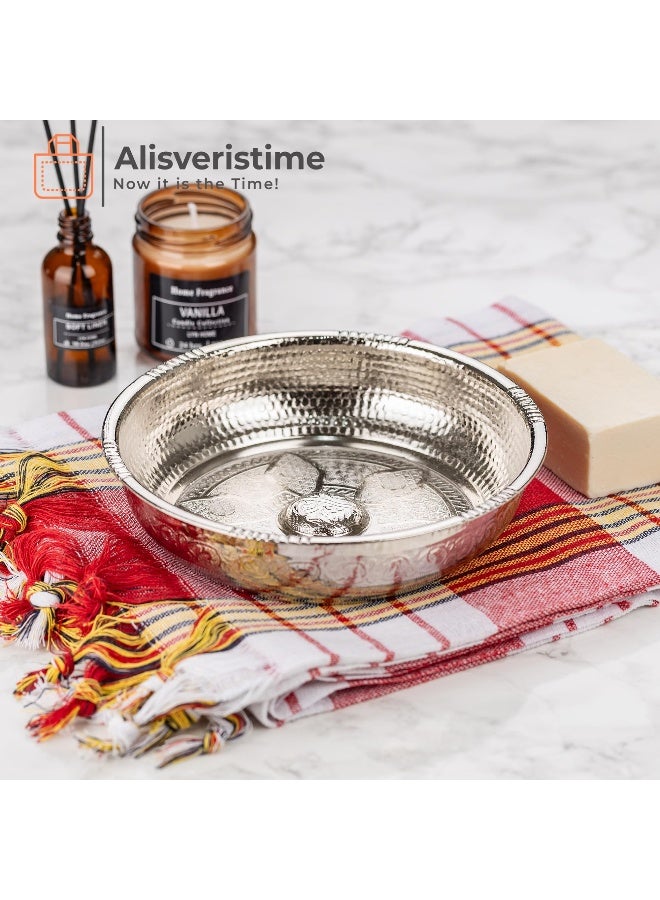 Alisveristime وعاء الحمام التركي التقليدي من أليشفيرستيم مع زخارف أصلية (440 جرام (15.50 أونصة) مصنوع من الزنك (قطر 7.87 بوصة) (فضي) - Image 2
