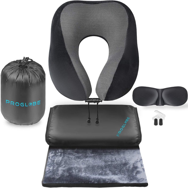Proglobe Travel Blanket Luxury Travel Set  Ergonomic Airplane Neck Pillow 100 Pure Memory Foam and Super Soft Fleece Blanket  Premium 3D Sleep Mask  Earplugs  Ultimate 4in1 Traveling Kit Black