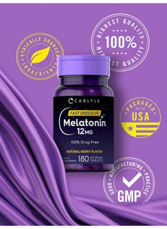 CARLYLE Melatonin 12 Mg Fast Dissolve 180 Tablets Nighttime Sleep Aid Natural Berry Flavor Vegetarian, Non-Gmo, Gluten Free  - Image 3