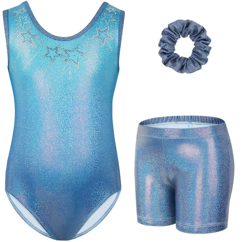 Gogokids Gymnastics Leotards for Girls Sparkly Rhinestone Dance Unitards Biketards with Shorts Activewear, A-blue star, 9-10 Years - Image 1