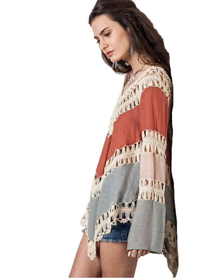 Vanbuy Women's Boho V Neck Crochet Tunic Tops Blouse Shirt Hollow Out Beach Swimsuit Cover up, Beige, L - Image 4