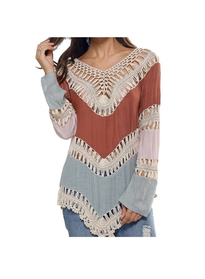 Vanbuy Women's Boho V Neck Crochet Tunic Tops Blouse Shirt Hollow Out Beach Swimsuit Cover up, Beige, L - Image 2