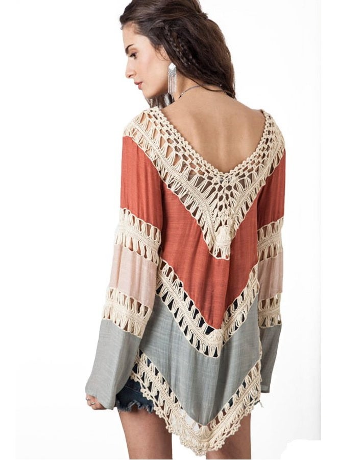 Vanbuy Women's Boho V Neck Crochet Tunic Tops Blouse Shirt Hollow Out Beach Swimsuit Cover up, Beige, L - Image 3