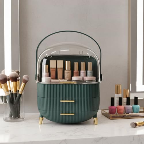 Qshare Makeup Organizer With Handle - Portable Makeup Organizer Box For Travel, Dressing Table & Parlour - Cosmetic Box With Drawers, Dustproof Jewellery & Skincare Case For Women & Girls (Dark Green) - Image 1