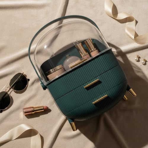 Qshare Makeup Organizer With Handle - Portable Makeup Organizer Box For Travel, Dressing Table & Parlour - Cosmetic Box With Drawers, Dustproof Jewellery & Skincare Case For Women & Girls (Dark Green) - Image 5