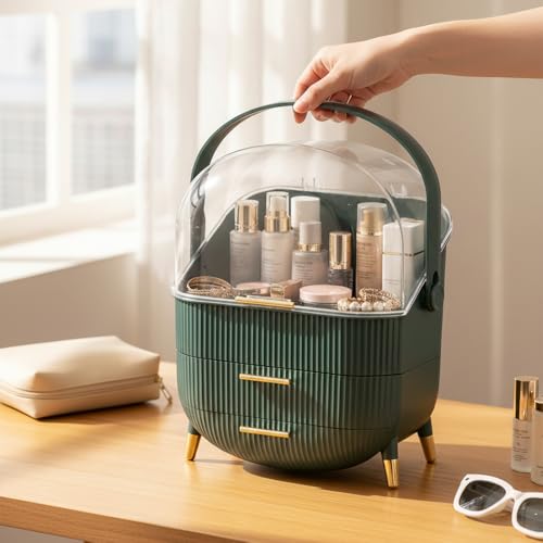 Qshare Makeup Organizer With Handle - Portable Makeup Organizer Box For Travel, Dressing Table & Parlour - Cosmetic Box With Drawers, Dustproof Jewellery & Skincare Case For Women & Girls (Dark Green) - Image 3