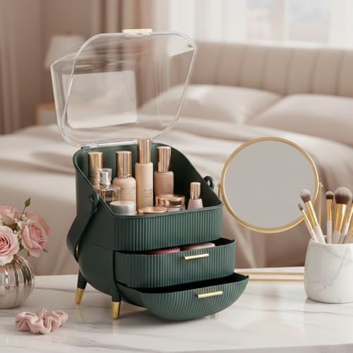 Qshare Makeup Organizer With Handle - Portable Makeup Organizer Box For Travel, Dressing Table & Parlour - Cosmetic Box With Drawers, Dustproof Jewellery & Skincare Case For Women & Girls (Dark Green) - Image 4