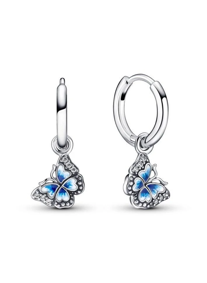 Butterfly sterling silver hoop earrings with clear cubic zirconia, shaded blue and white enamel