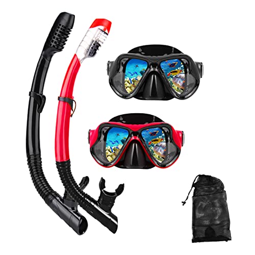 DIPUKI Snorkeling Gear for Adults Snorkel mask Set Scuba Diving mask Dry Snorkel Swimming Glasses Swim Dive mask Nose Cover Youth Diving (Black+red（2 Pack）) - Image 1