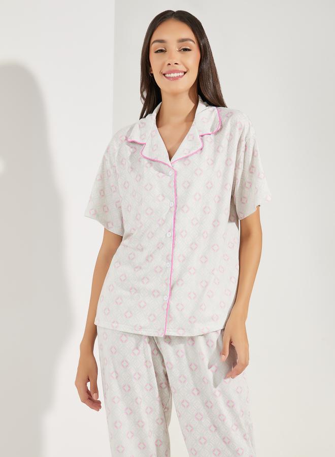 Styli AOP Drop Shoulder Contrast Piped Shirt & Pyjama Set  - Image 2