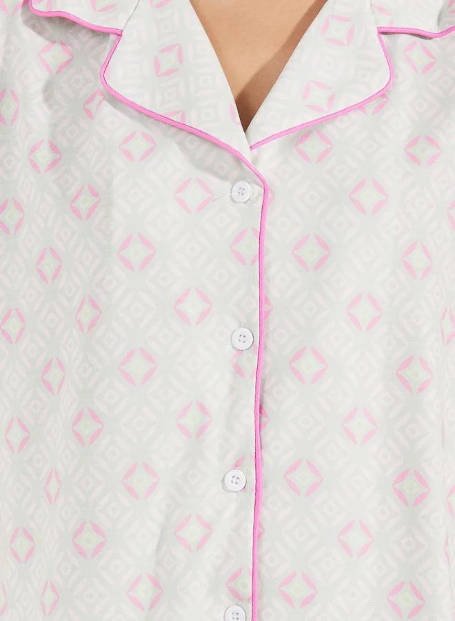 Styli Styli All Over Print Drop Shoulder Contrast Piped Shirt and Pyjama Set