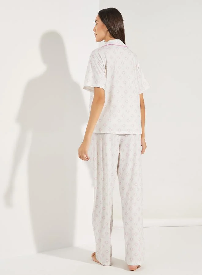 Styli Styli All Over Print Drop Shoulder Contrast Piped Shirt and Pyjama Set