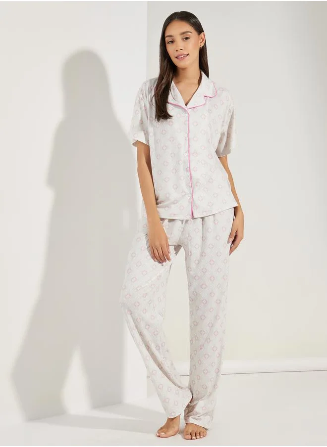 Styli AOP Drop Shoulder Contrast Piped Shirt & Pyjama Set