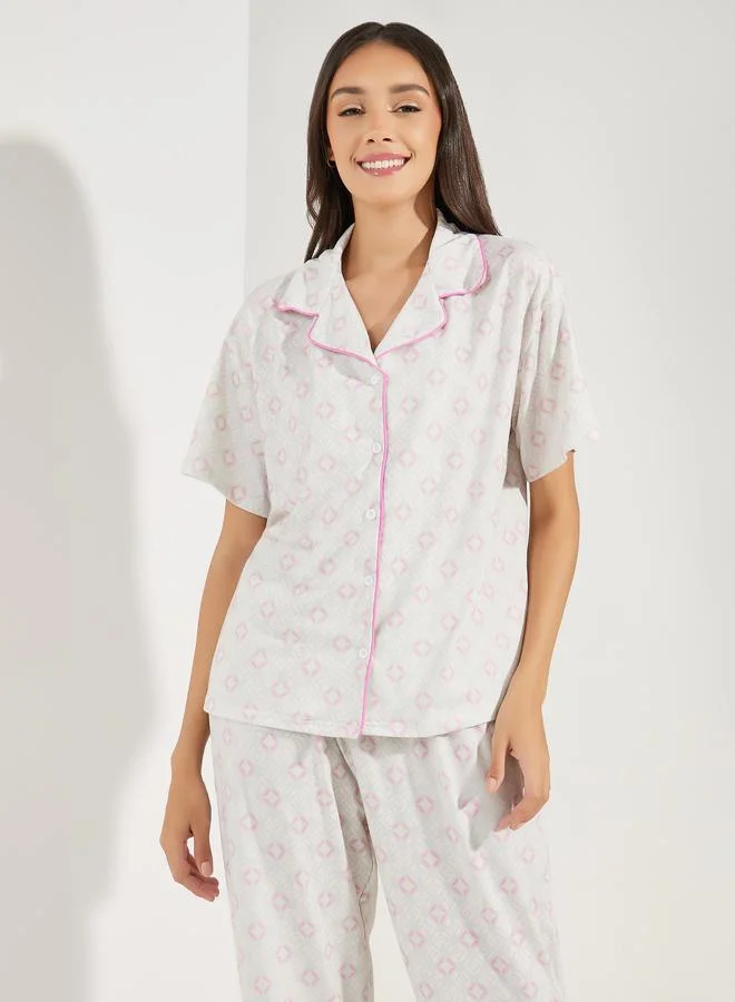 ستايلي All Over Print Drop Shoulder Contrast Piped Shirt and Pyjama Set