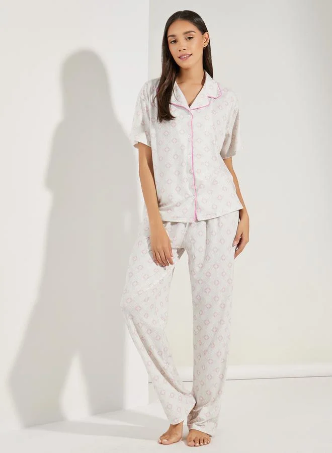 ستايلي All Over Print Drop Shoulder Contrast Piped Shirt and Pyjama Set