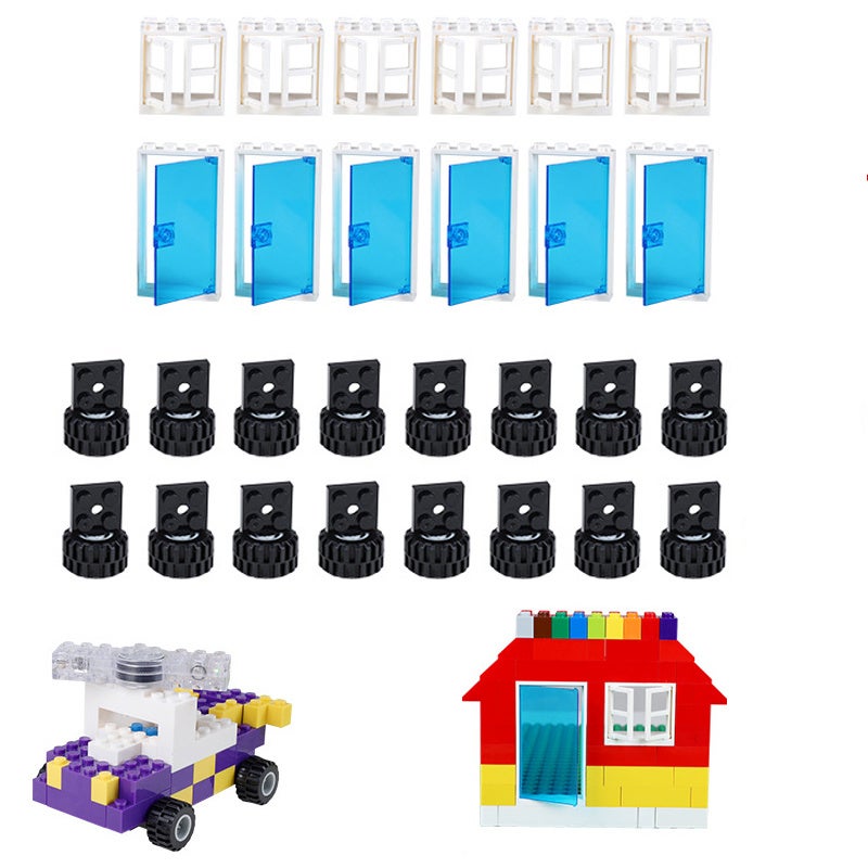 DIY Building Blocks Set for Youngsters - 5 Door & Window Components and 16 Wheels, Colorful Mini Construction Toy Accessories, Safe ABS Material, Ideal for Youngsters Over 6 Years, Miniature Building Kit
