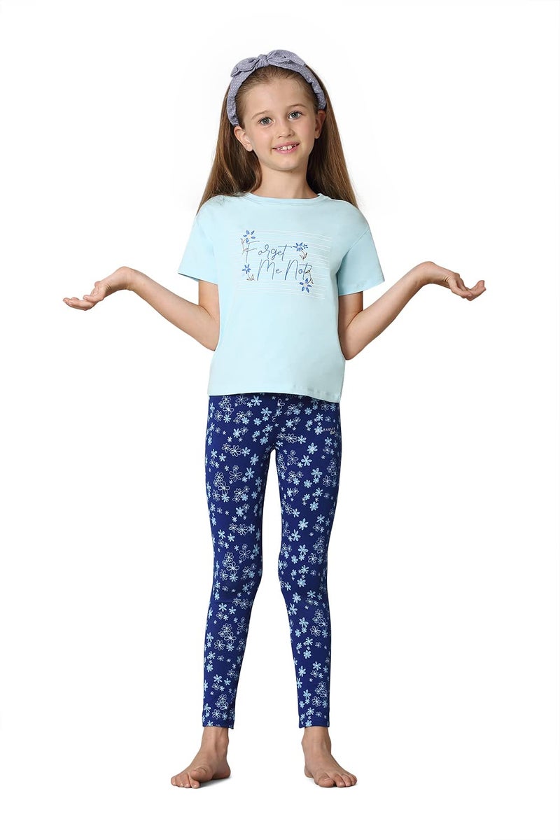 Van Heusen Girls Skinny Fit High Rise Leggings - Power Plus Cotton Spandex - Power Plus, Allover Print, Super Soft_56302_Blue Bloom AOP_11-12 Years - Image 1