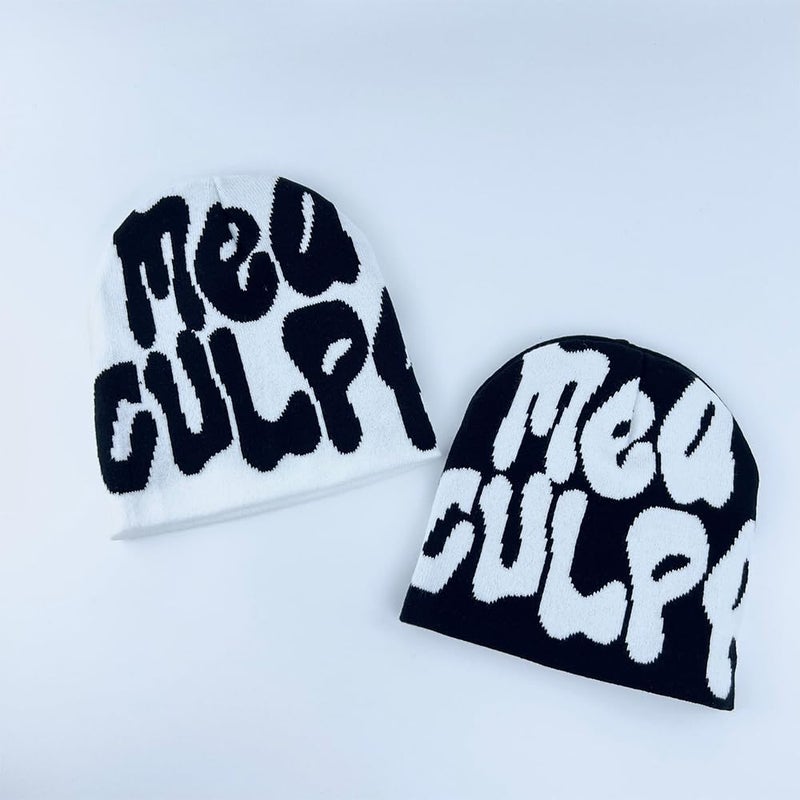 YUERFEILA Women Graphic Beanie Skull Hat MEA Culpa Y2K Knitted Beanie Warm Winter Hat for Gifts (Acrylic, MEA-White & Black) - Image 2
