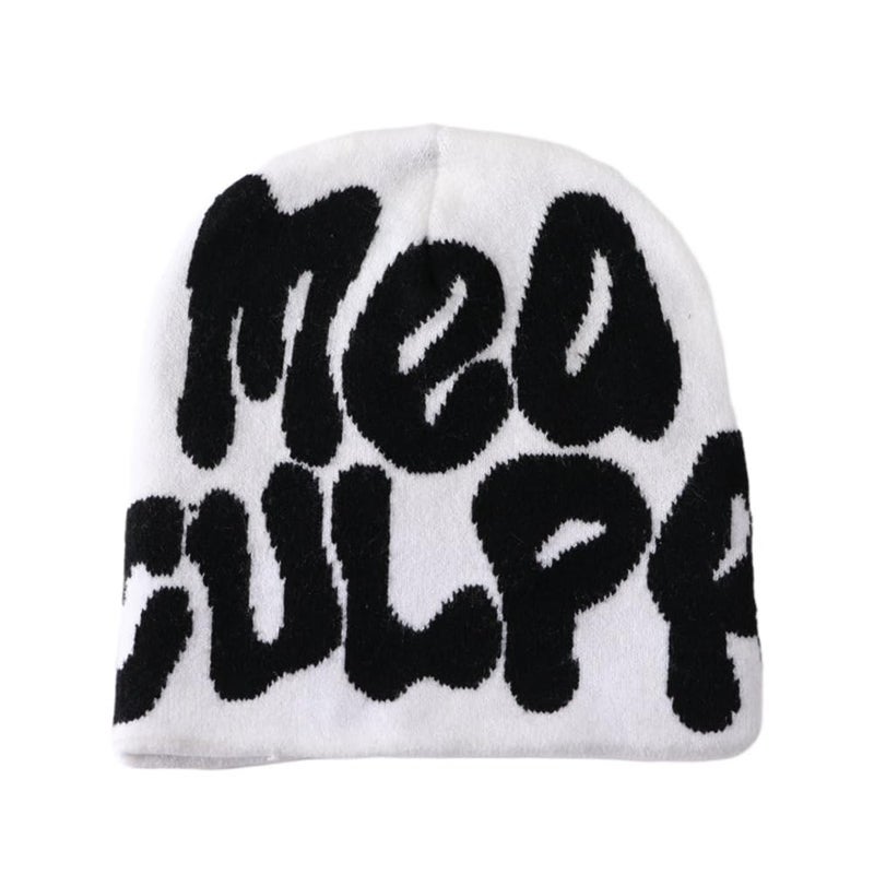 YUERFEILA Women Graphic Beanie Skull Hat MEA Culpa Y2K Knitted Beanie Warm Winter Hat for Gifts (Acrylic, MEA-White & Black) - Image 1