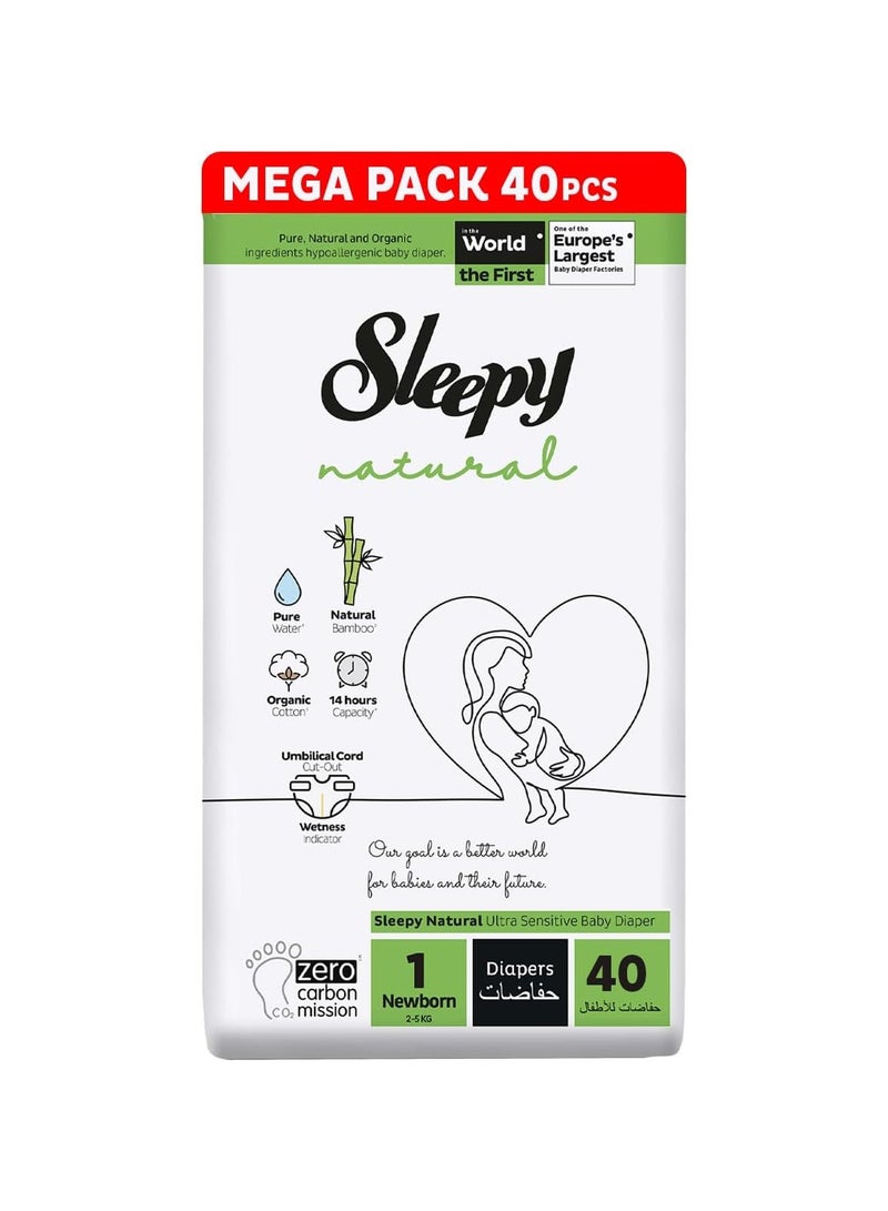 Sleepy Natural Size 1 Newborn 2-5kg Hypoallergenic Baby Dry Diapers 40 Diapers - Image 1