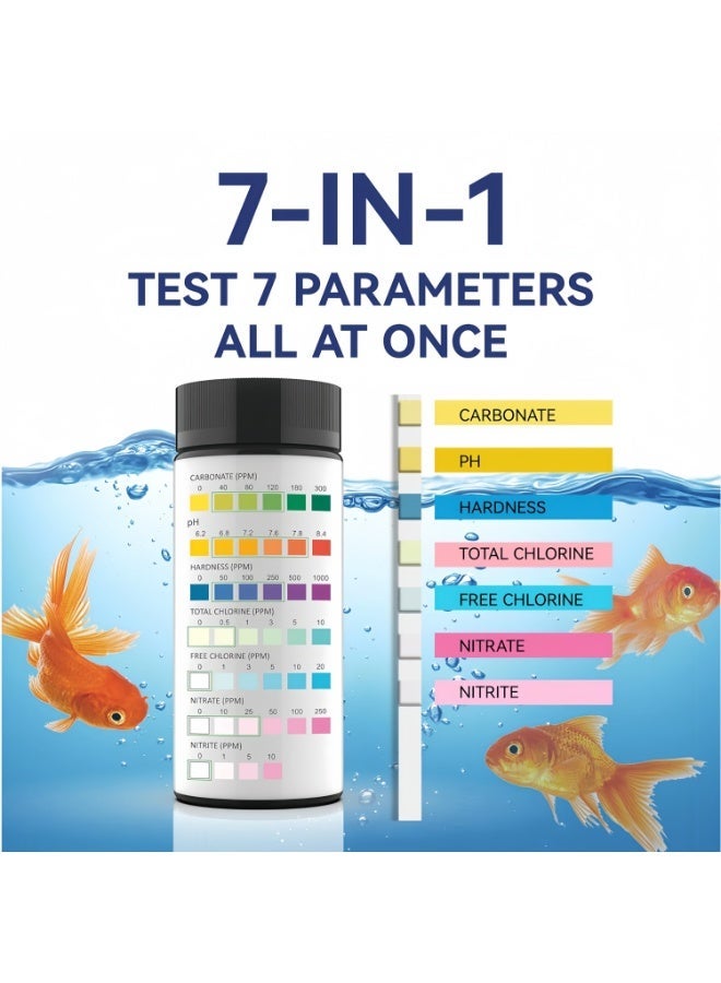 7 in 1 Aquarium Test Strips, 100 Strips Fish Tank Water Quality Test Kit for Freshwater & Saltwater, Tests pH, Carbonate, Alkalinity, Hardness, Chlorine, Nitrite, Nitrate - Image 1