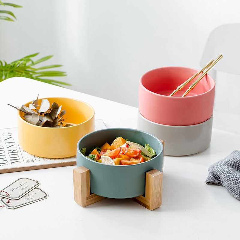 Tableware Salad Ceramic Bowl Instant Noodle Bowl Western Food Bowl Double Bowl Ceramic Black Pet Bowl Wooden Frame - Image 2