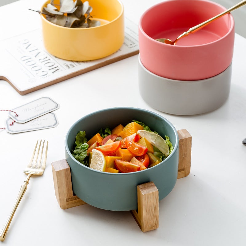 Tableware Salad Ceramic Bowl Instant Noodle Bowl Western Food Bowl Double Bowl Ceramic Black Pet Bowl Wooden Frame - Image 3