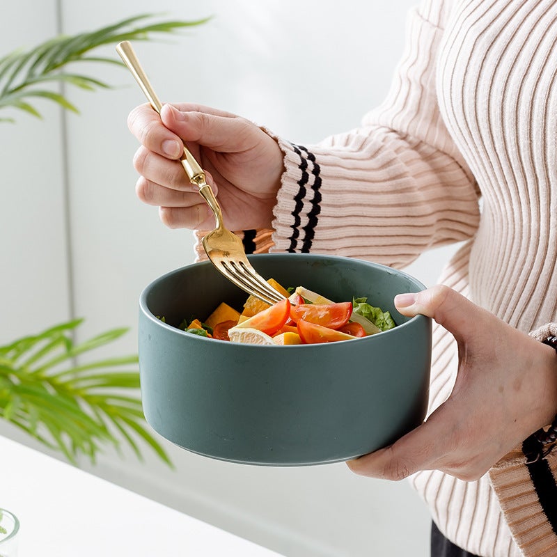 Tableware Salad Ceramic Bowl Instant Noodle Bowl Western Food Bowl Double Bowl Ceramic Black Pet Bowl Wooden Frame - Image 4