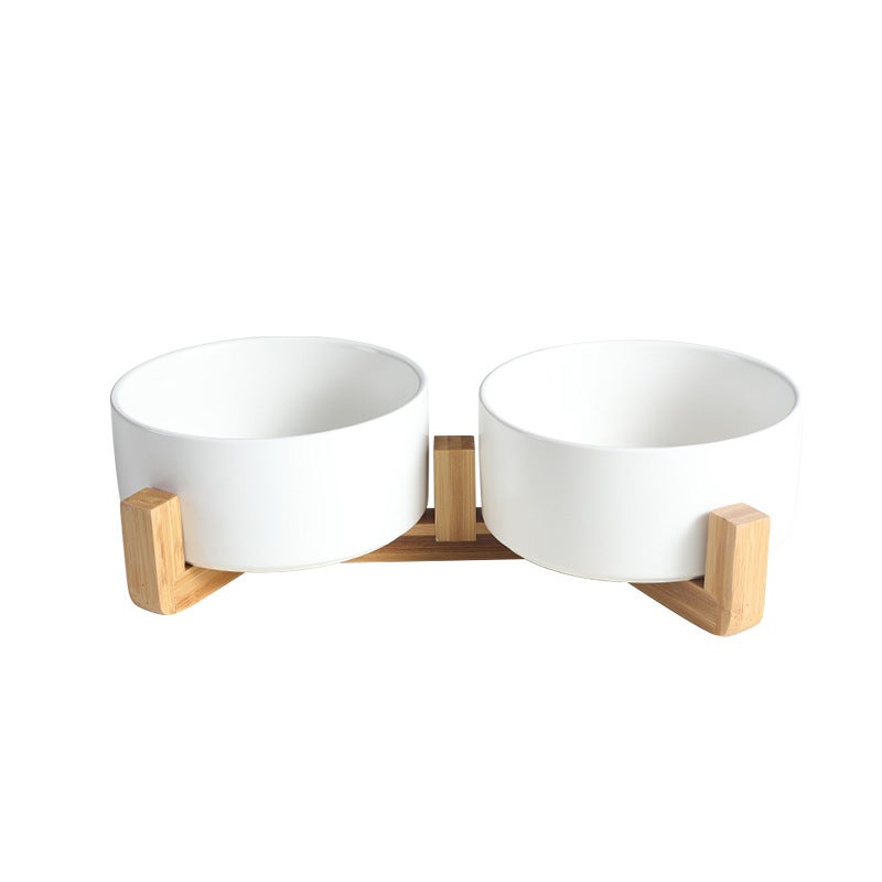 Tableware Salad Ceramic Bowl Instant Noodle Bowl Western Food Bowl Double Bowl Ceramic Black Pet Bowl Wooden Frame - Image 1