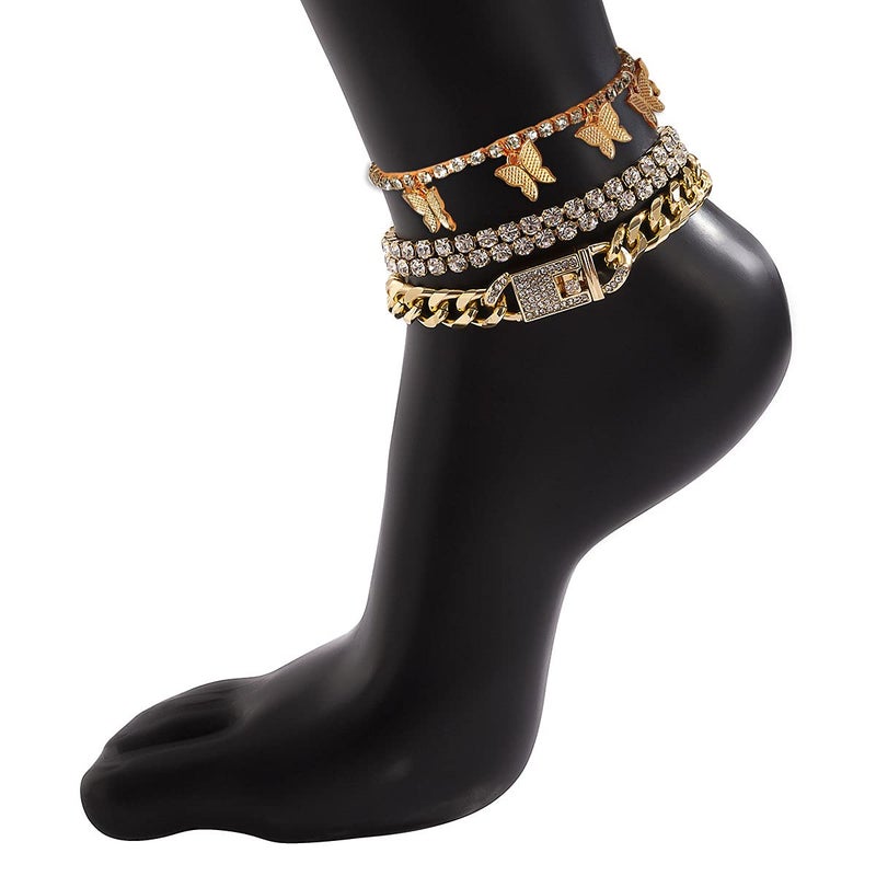 yfstyle 4PCS Cuban Link Ankle Bracelet Rhinestone Tennis Chain Butterfly Anklet Set for Women Summer Beach Adjustable Layered Rhinestone Anklets-gold cuban - Image 3