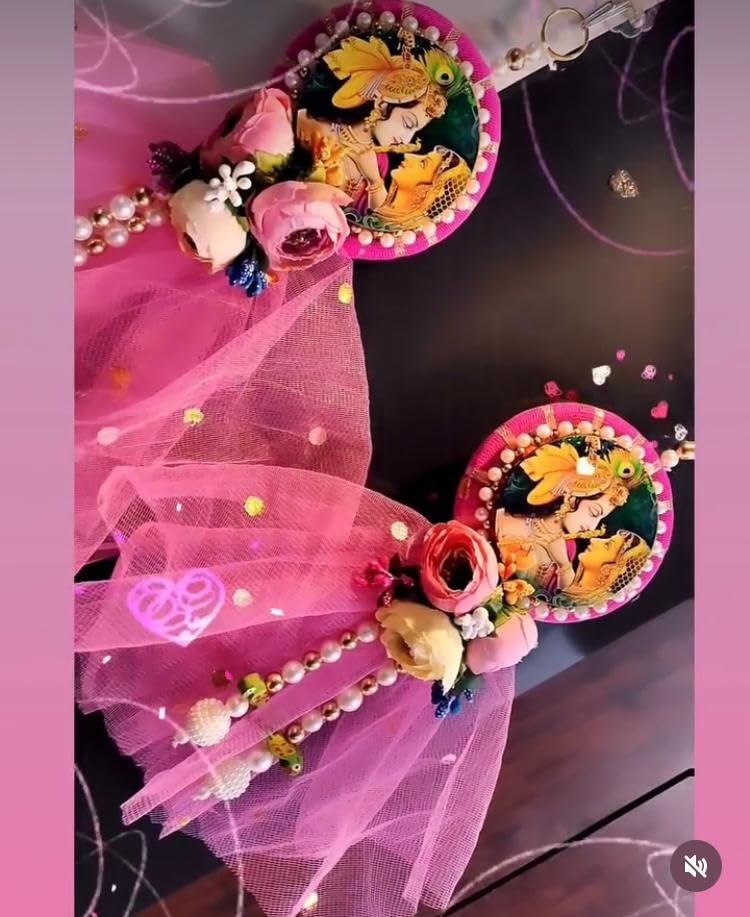 Sellplus Handmade Wall Door Kanha Ji Radha Ji String with Golden White Beads Hanging Torans Garland for Janmastmi Decoration