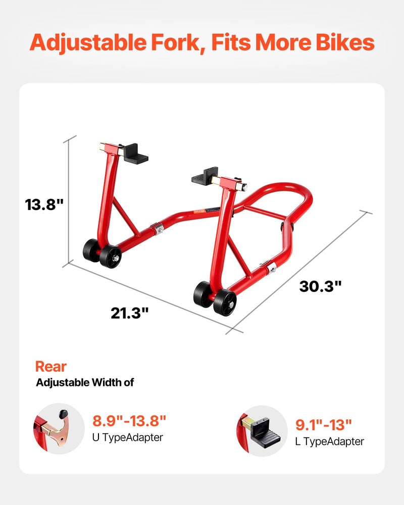 VEVOR حامل العجلات الخلفية للدراجات النارية من VEVOR، سعة تحميل 850 رطل، حامل خلفي ثقيل مع شوكة U + L، رافعة دراجة نارية قابلة للتعديل، لسوزوكي وياماها وهوندا وكاواساكي، أحمر - Image 2