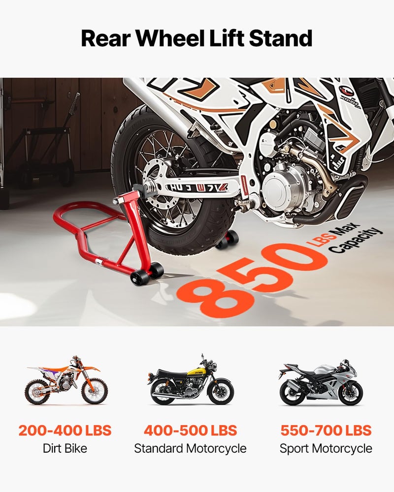 VEVOR حامل العجلات الخلفية للدراجات النارية من VEVOR، سعة تحميل 850 رطل، حامل خلفي ثقيل مع شوكة U + L، رافعة دراجة نارية قابلة للتعديل، لسوزوكي وياماها وهوندا وكاواساكي، أحمر - Image 3