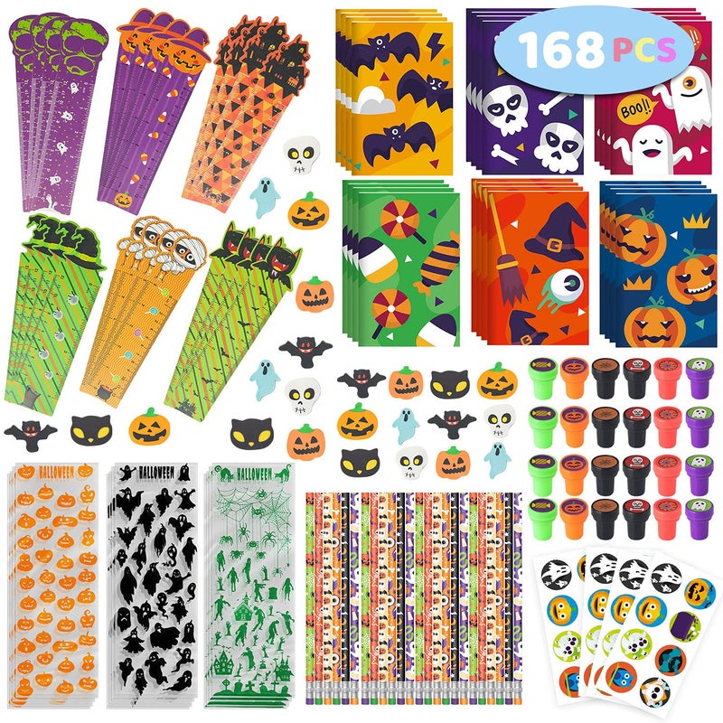 spring flower SpringFlower 168pcs Halloween Party Favors For Kids Halloween Stationery set Halloween Goody Bag Fillers including Pencil Eraser Ruler Notepad Stamper Sticker For Trick or Treat - Image 2