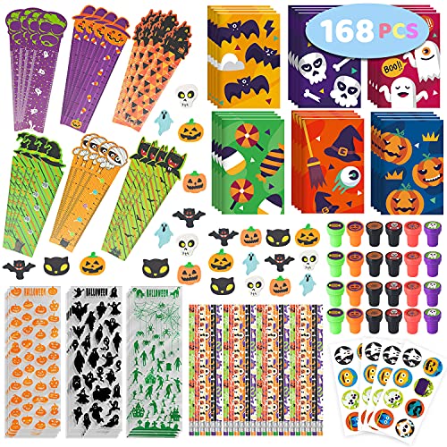 spring flower SpringFlower 168pcs Halloween Party Favors For Kids Halloween Stationery set Halloween Goody Bag Fillers including Pencil Eraser Ruler Notepad Stamper Sticker For Trick or Treat - Image 1