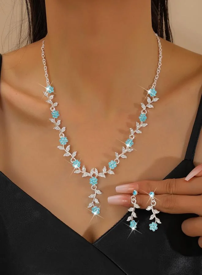 تايك تو طقم مجوهرات قلادة وأقراط مزينة بأحجار الراين أزهار قطعتين