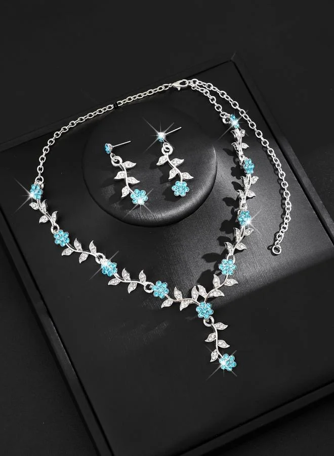 تايك تو طقم مجوهرات قلادة وأقراط مزينة بأحجار الراين أزهار قطعتين