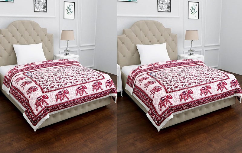 AUROSTYLE 400 TC Jaipuri Light Weight Pure Cotton Traditional Rajasthani Print Pink Colour Single Bed QuiltRazaiRajai Pink Floral Print Single Bed Set of 2 - Image 3