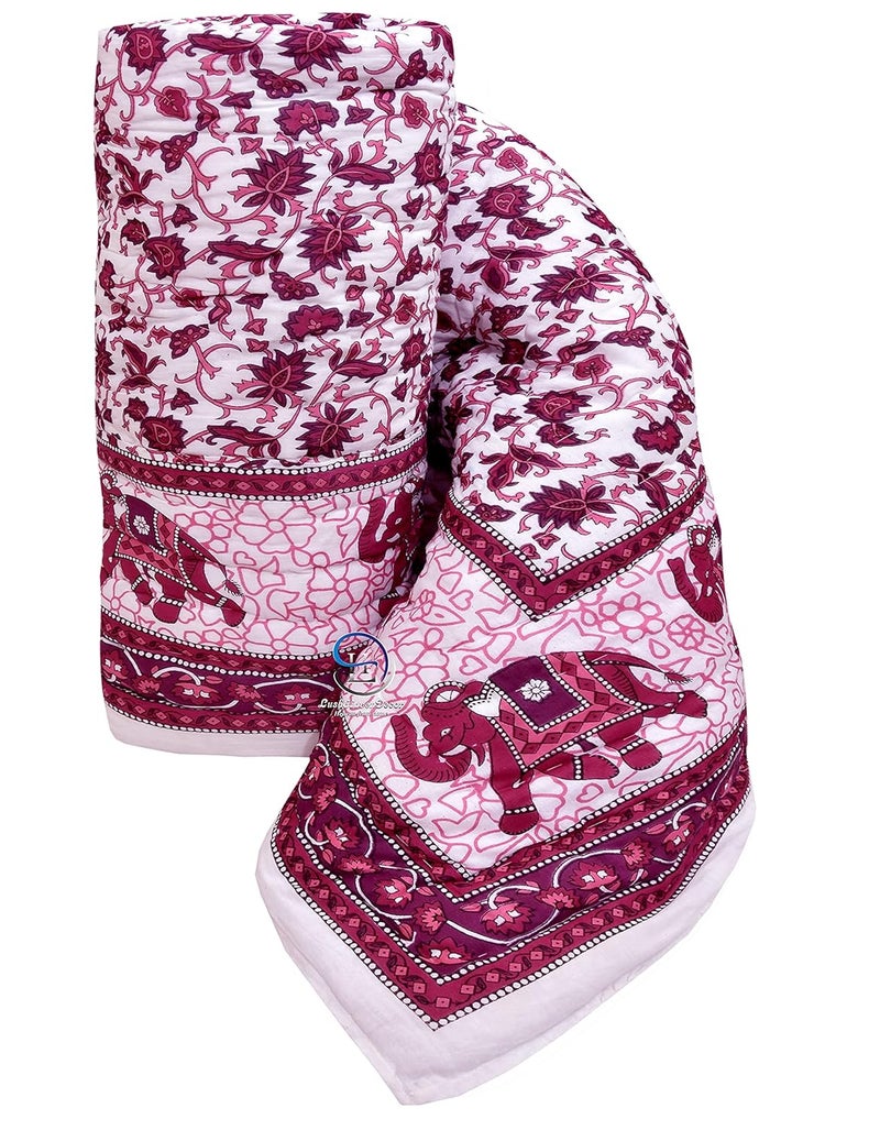 AUROSTYLE 400 TC Jaipuri Light Weight Pure Cotton Traditional Rajasthani Print Pink Colour Single Bed QuiltRazaiRajai Pink Floral Print Single Bed Set of 2 - Image 4