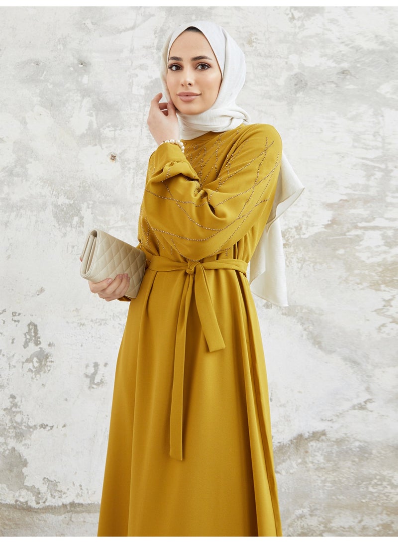 Muslim Women's Modest Long Sleeve Dress with Tie-Waist - Image 2