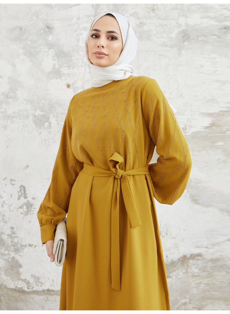 Muslim Women's Modest Long Sleeve Dress with Tie-Waist - Image 3
