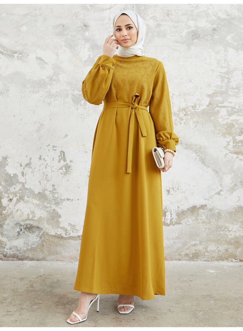 Muslim Women's Modest Long Sleeve Dress with Tie-Waist - Image 1