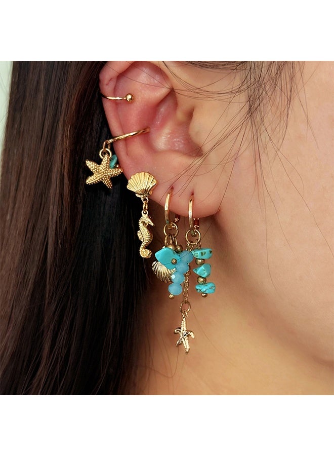 ليمون طقم أقراط ذهبية للنساء، مكون من 5 قطع، أقراط غضروفية مسامية على شكل نجمة البحر، مرصعة بأحجار الراين الفيروزية، سلسلة مطلية بالذهب عيار 14 قيراطًا، لثقب الأذن. - Image 1