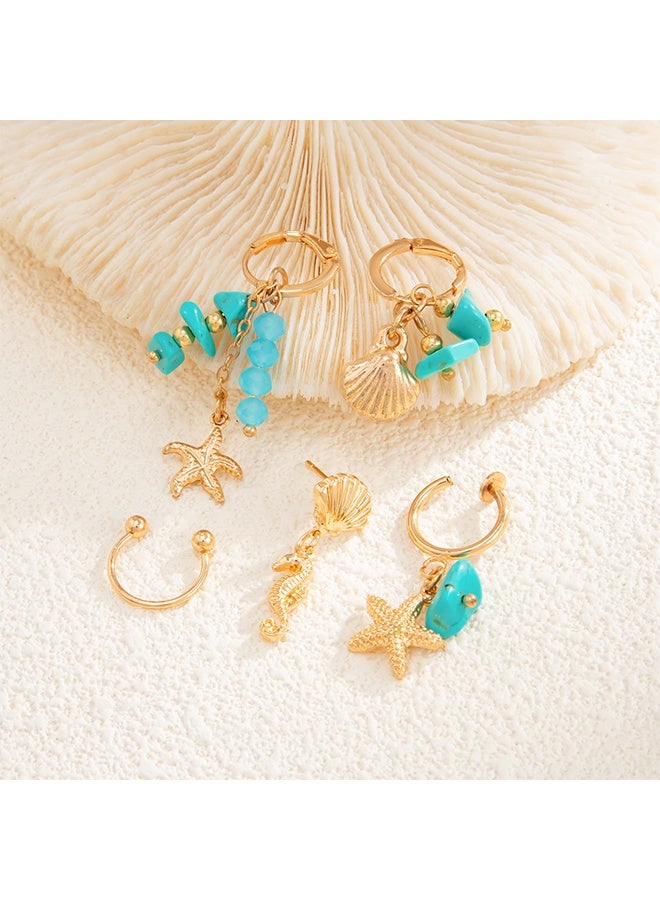 ليمون طقم أقراط ذهبية للنساء، مكون من 5 قطع، أقراط غضروفية مسامية على شكل نجمة البحر، مرصعة بأحجار الراين الفيروزية، سلسلة مطلية بالذهب عيار 14 قيراطًا، لثقب الأذن. - Image 5