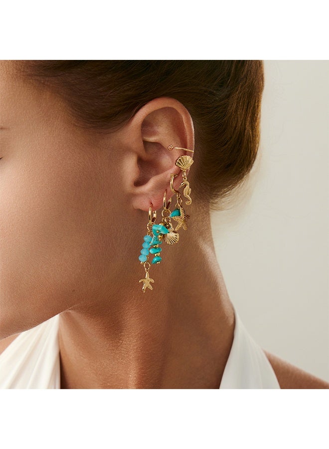 ليمون طقم أقراط ذهبية للنساء، مكون من 5 قطع، أقراط غضروفية مسامية على شكل نجمة البحر، مرصعة بأحجار الراين الفيروزية، سلسلة مطلية بالذهب عيار 14 قيراطًا، لثقب الأذن. - Image 3