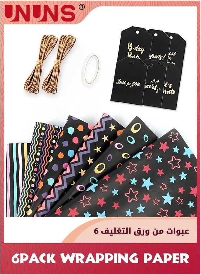 UNUNS Wrapping Paper Sheets,Birthday Set Included 6 Pack Gift Wrap Papers,6Pcs Card,2Pcs Rope And tape For Present,Eco Birthday Women,Men,Female,Girls,Boys - Image 1